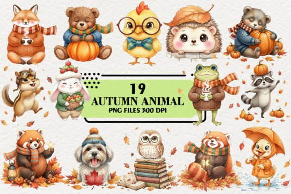 Charming Autumnal Design with Kawaii Animal Clipart