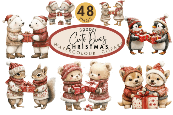 Cute Animal Duos with Gifts: Festive Clipart for Designers