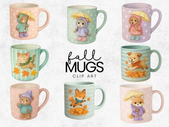 Cute Animal Fall Mug Sublimation Clipart for Autumn Designs