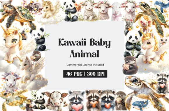 Kawaii Baby Animal Clipart: A Watercolor Collection for Creative Projects