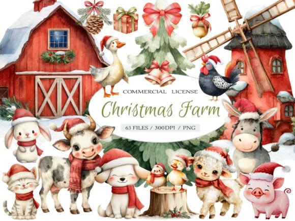 Watercolor Christmas Farm Animal Clipart: A Rustic Holiday Design Asset